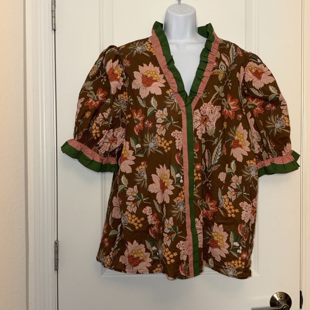 Entro Women’s Snap Button Floral Puff Sleeve Top 2x